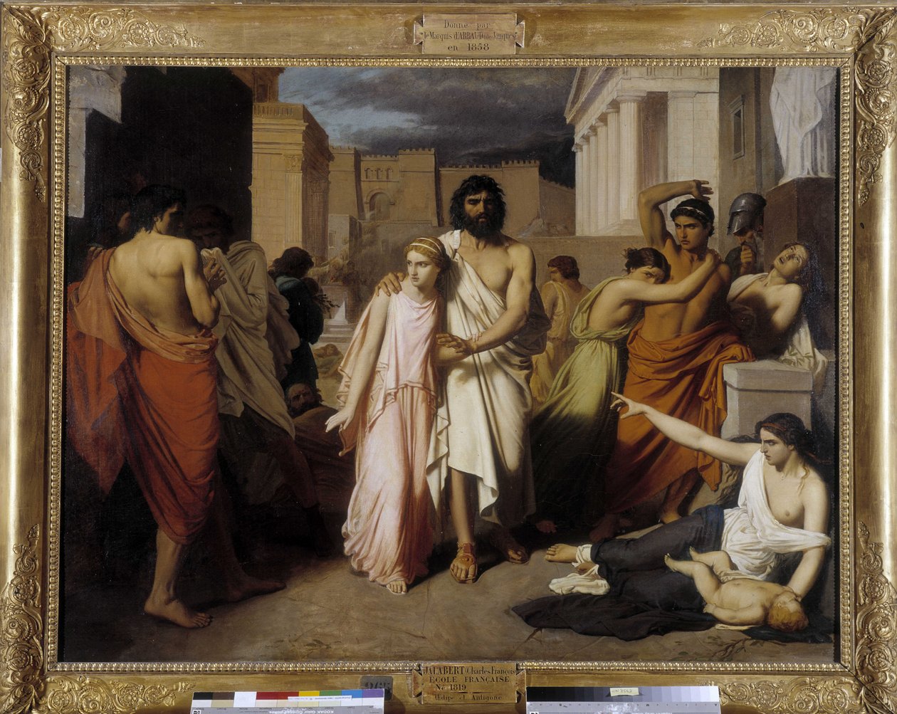 Oidipus och Antigone säger också "Thebes pest"". Oidipus flyr från invånarnas förbannelse av Charles François Jalabert
