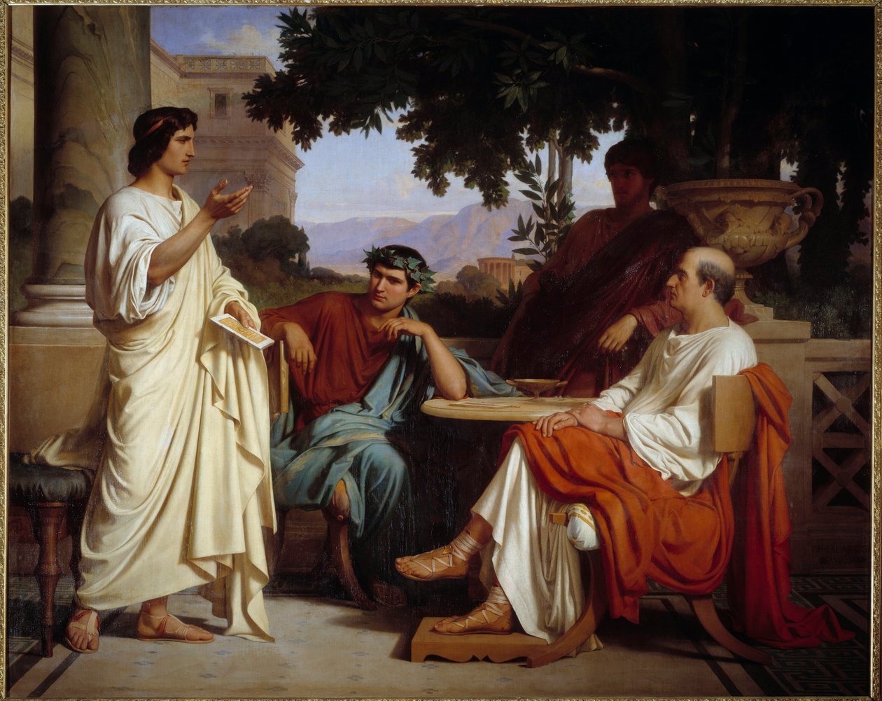 Virgil, Horace och Varius vid Mecene Målning av Charles Francois Jalabert (1819-1901) 1846 Nimes, Museum of Fine Arts - Vergilius, Horace och Varius hemma hos Mecene. Målning av Charles Francois Jalabert (1819-1901) 1846. Museum of Fine Arts, Nimes, Frankr av Charles François Jalabert
