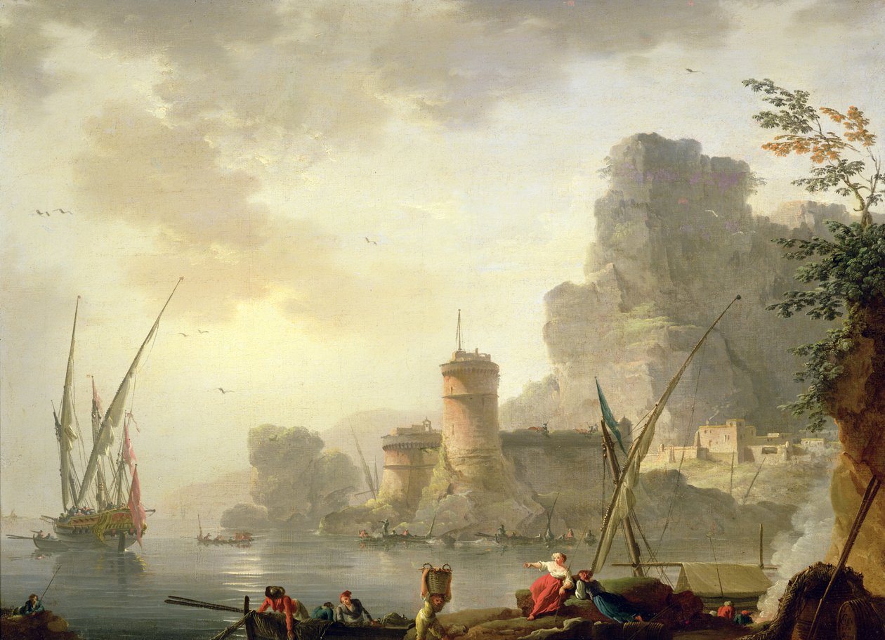 En hamn i Medelhavet i solnedgången av Charles Francois Lacroix de Marseille
