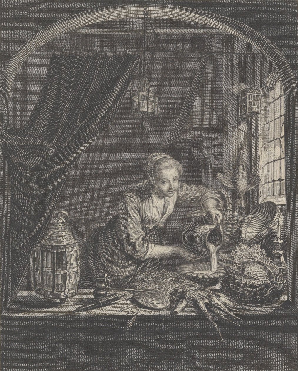 Milkmaid efter målningen av G.Dou i herr Poullains kabinett, mitten av 1600-talet. av Charles François Adrien Macret