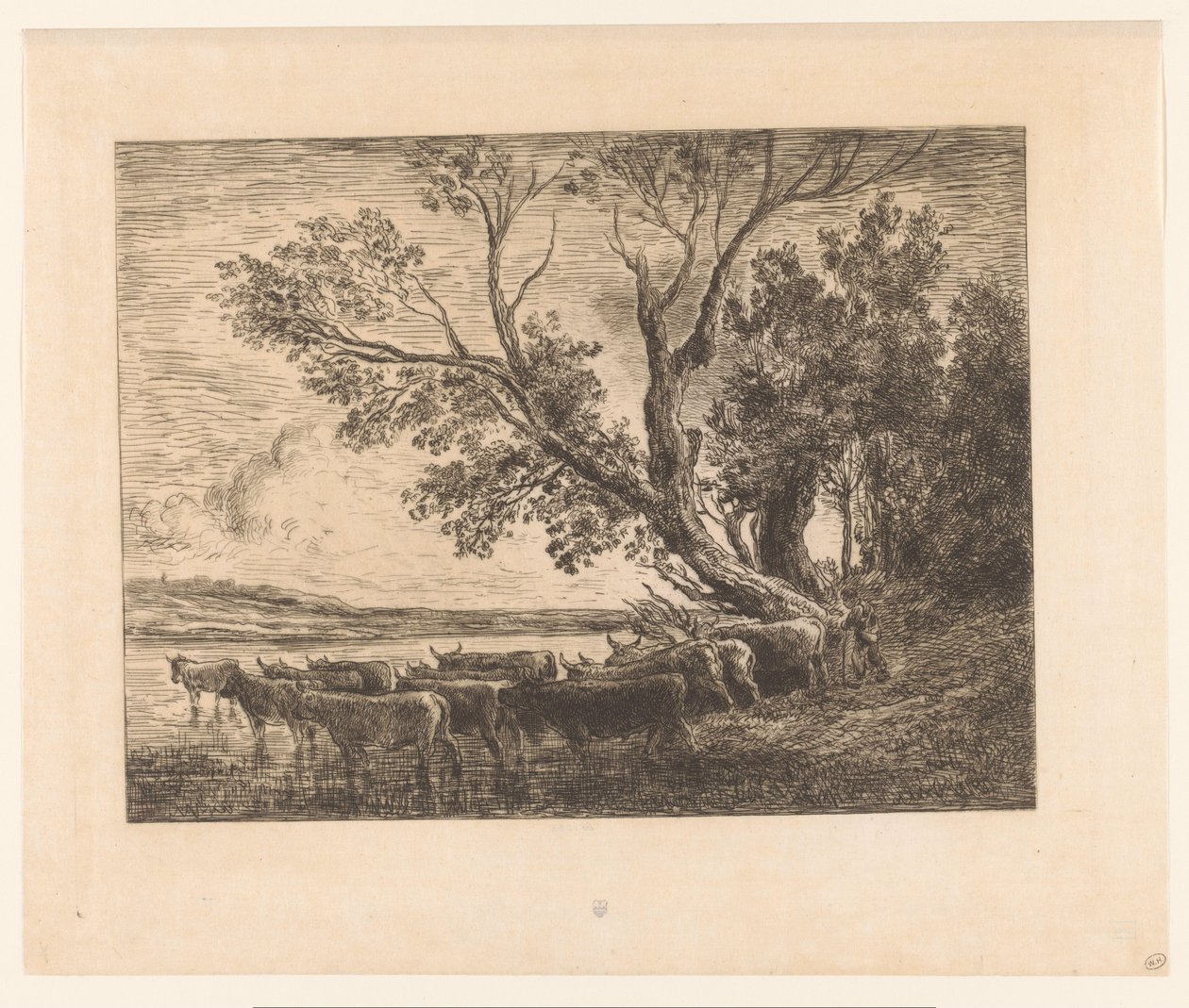 Landskap med vadande boskap le gue av Charles François Daubigny (attributed to)