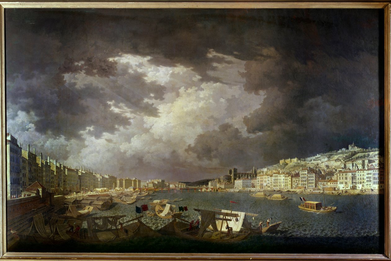 Saones gränser i Lyon Till vänster handelsverksamhet, målning av Charles Francois Nivard (1739-1821) 1804. av Charles François Nivard