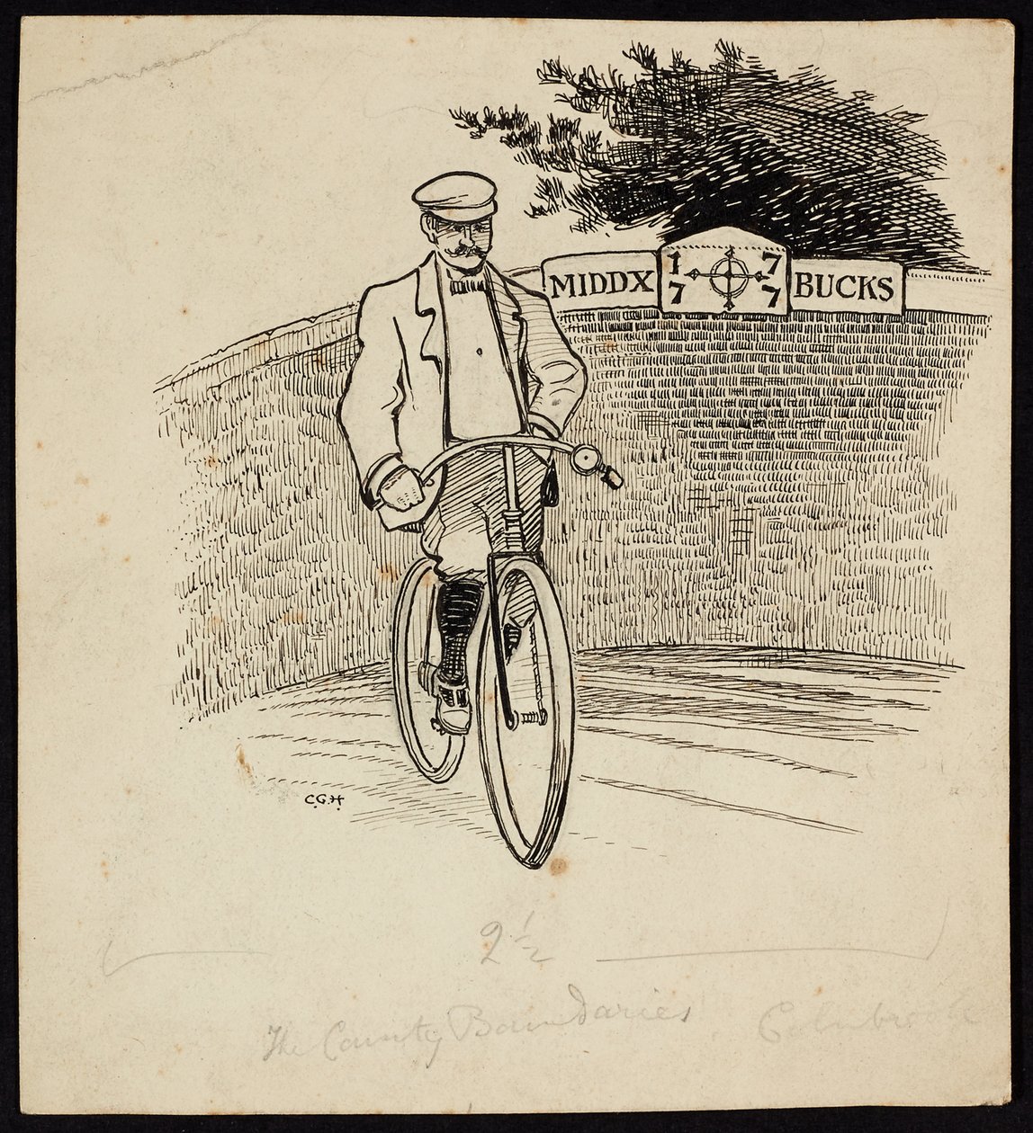 En man på cykel framför en skylt som markerar länsgränsen mellan Middlesex och Buckinghamshire av Charles George Harper
