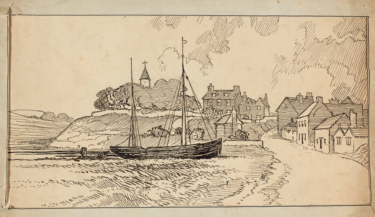 En segelbåt på stranden vid lågvatten, vid en stråk som leder upp mot en by av Charles George Harper