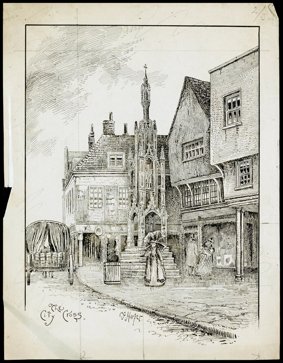 En vy från nordväst om Butter Cross, High Street, Winchester, Hampshire (penna och bläck på papper) av Charles George Harper