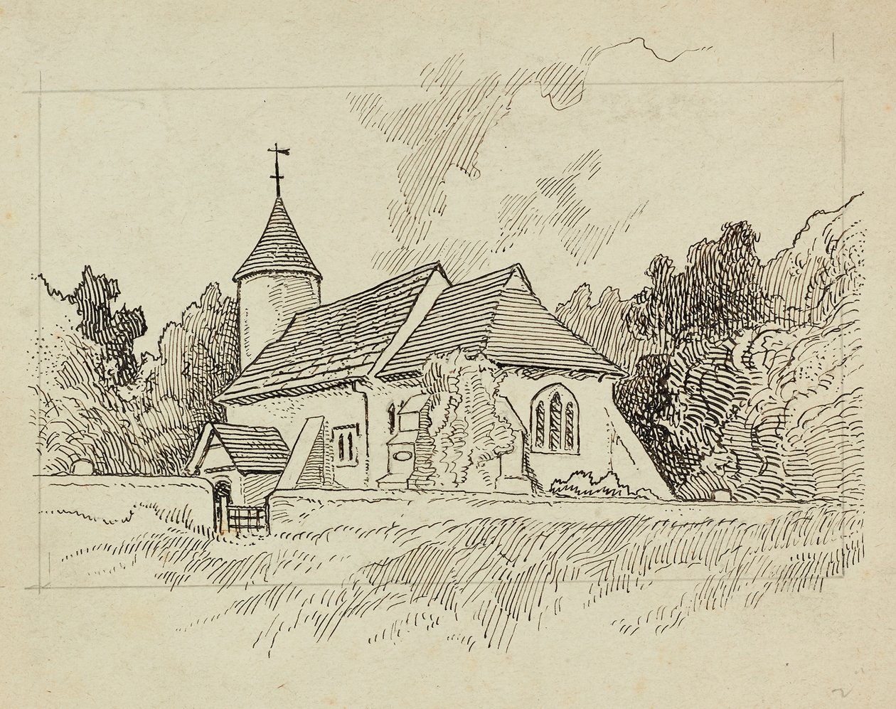 Exteriörvy av en oidentifierad kyrka (penna och bläck på papper) av Charles George Harper