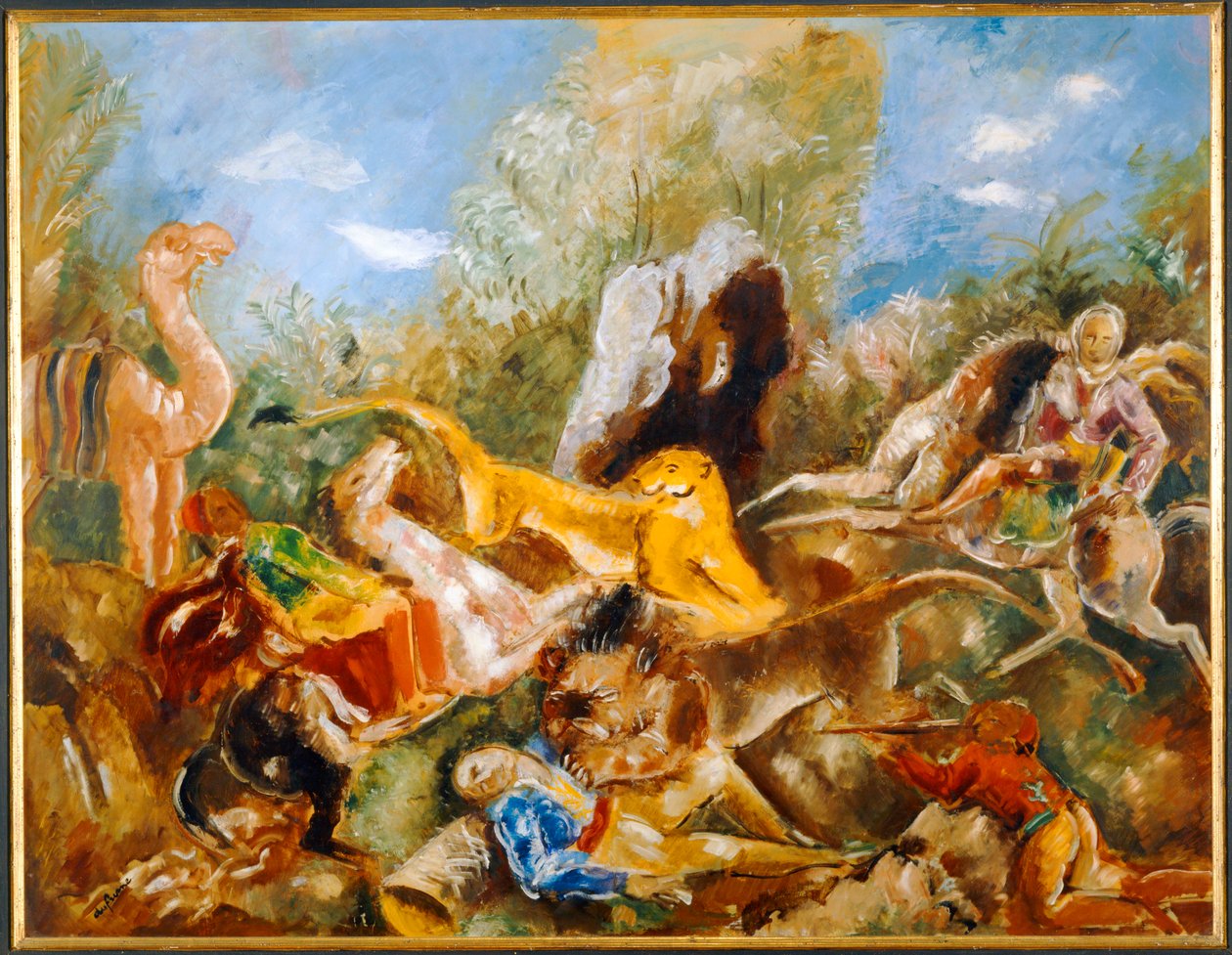 La chasse au lion - Lejonjakten ... (olja på papper) av Charles Georges Dufresne