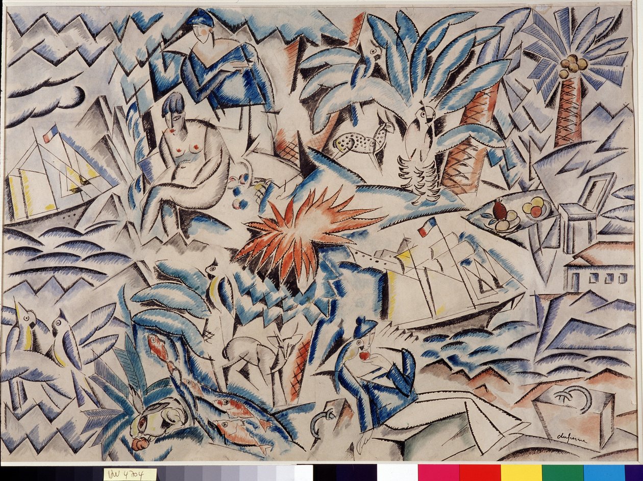 Medelhavslandskap Landskap med båtar, djur, växtlighet (palm) och karaktärer. Målning av Charles Georges Dufresne (1876-1938) Dim. 45x62 cm. Obligatoriskt omnämnande: Collection fondation regards de Provence, Marseille av Charles Georges Dufresne