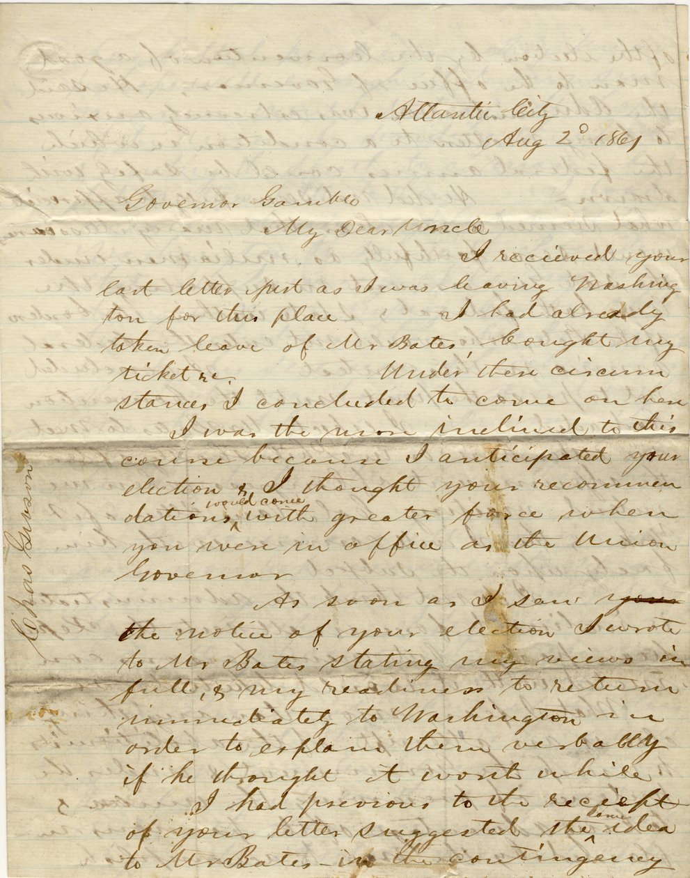 Letter signed C. Gibson [Charles Gibson], Atlantic City, to Governor Gamble [Hamilton R. Gamble], August 2, 1861 av Charles Gibson