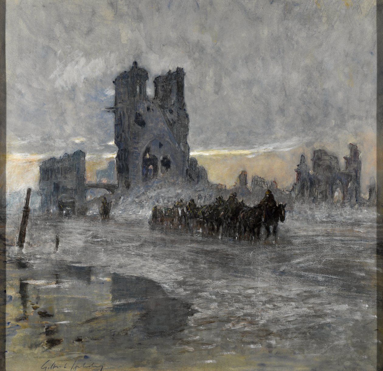 Hästdragna transporter, möjligen ett artilleritåg, passerar den förstörda tyghallen, Ypres av Charles Gilbert Holiday