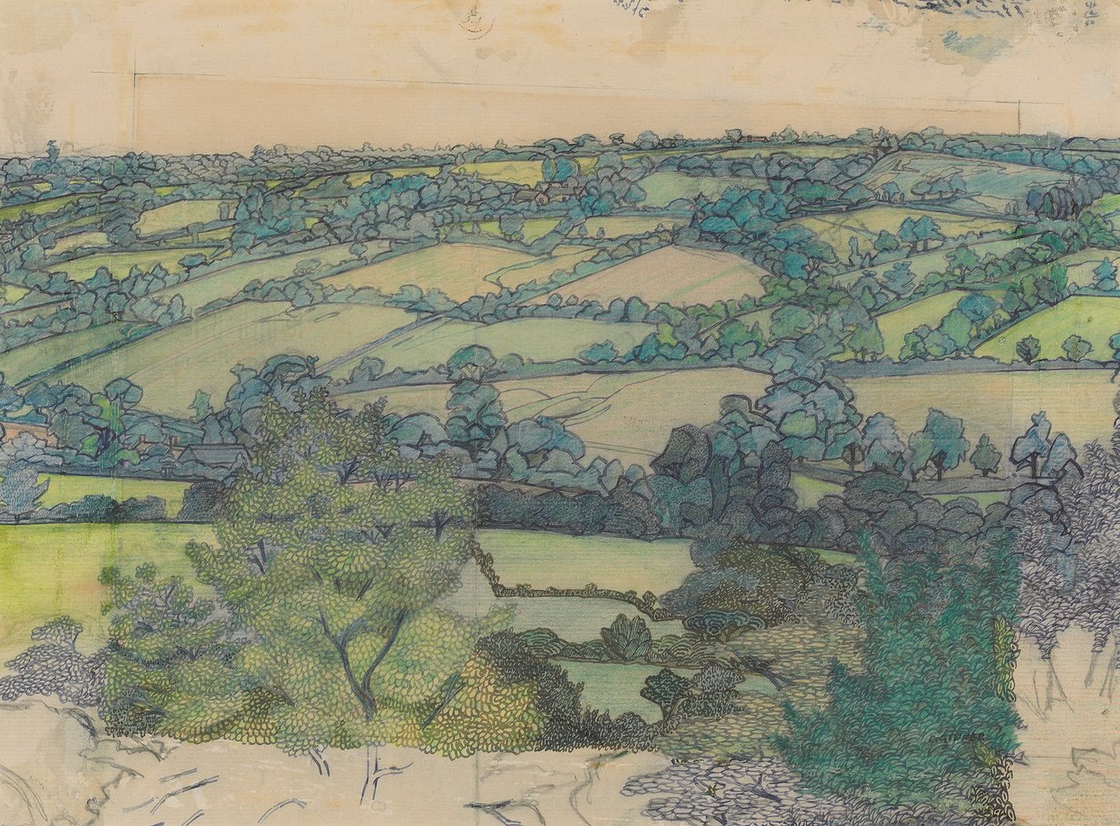 Applehayes, ca 1912 (penna, krita, penna och blått bläck på papper) av Charles Ginner
