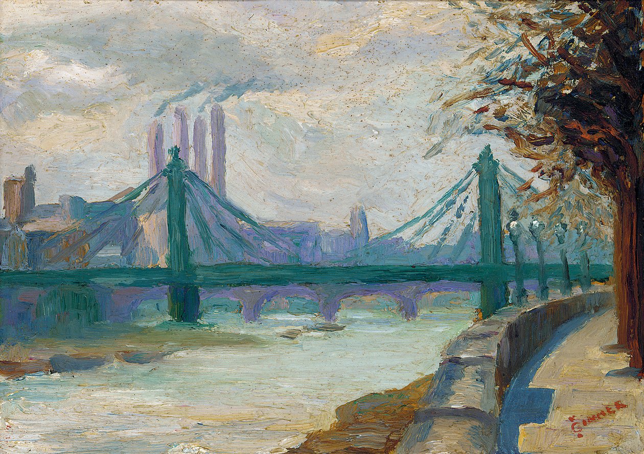 Battersea Power Station från Chelsea Embankment (olja på panel) av Charles Ginner