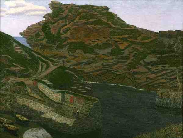 Boscastle Harbour, Cornwall (olja på duk) av Charles Ginner