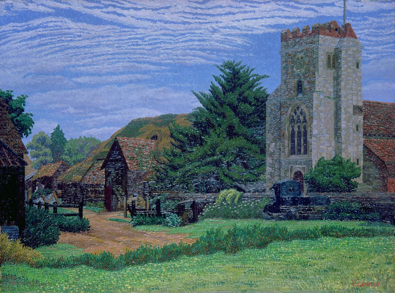 Kyrka och lada, Waltham St. Lawrence av Charles Ginner