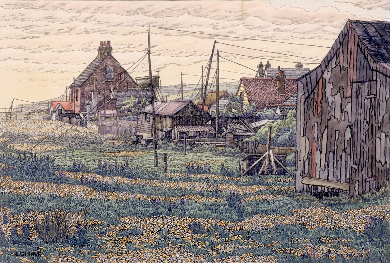 Pebbles - Rye Harbor (bläck och akvarell på vävt papper) av Charles Ginner