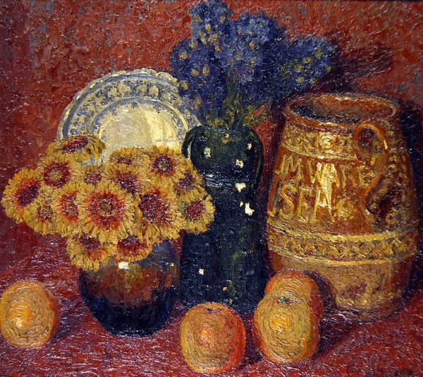 Stilleben - Blommor, keramik och äpplen (olja på duk) av Charles Ginner