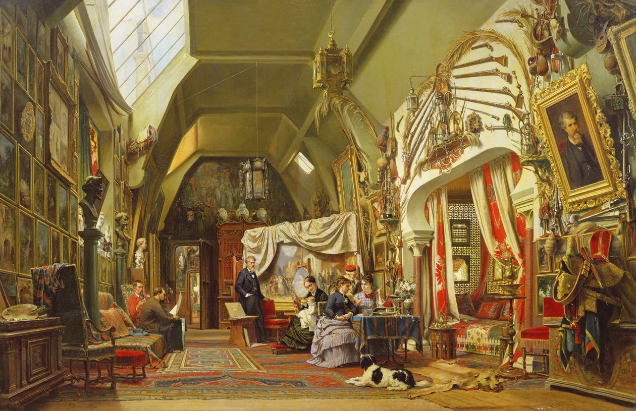 Eugene Giraud (1806-81) i sin studio med sin bror Charles och hans son Victor av Charles Giraud
