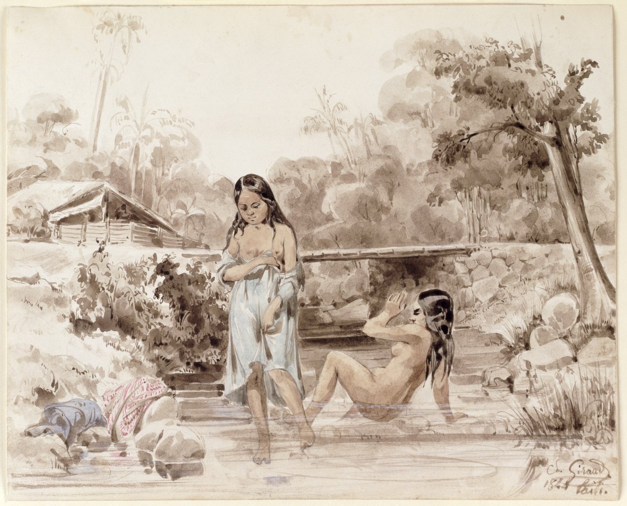 Tahitians Bathing, 1844 (penna och tvätt på papper) av Charles Giraud