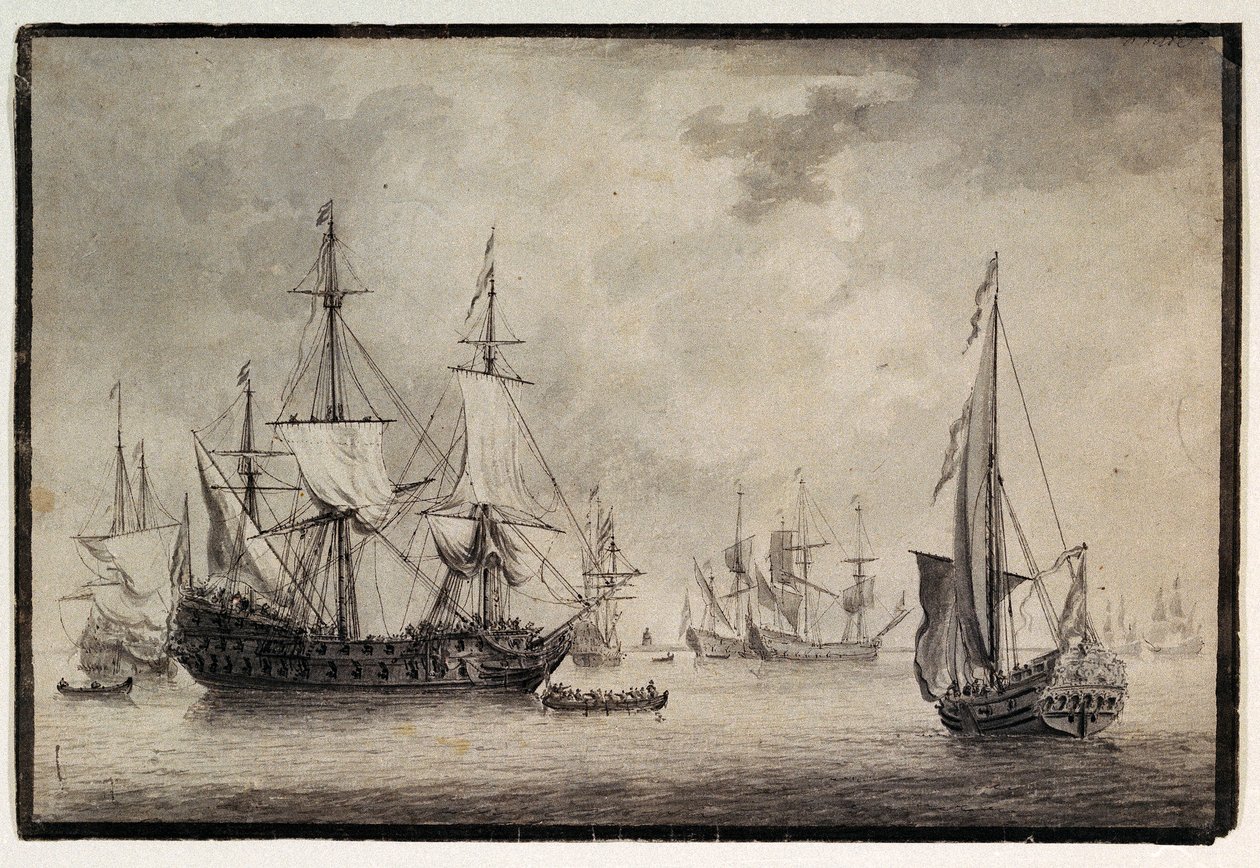 Holländsk örlogsman, statlig yacht och avlägsna fartyg i en hamn, sent 1700-tal (penna, bläck) av Charles Gore