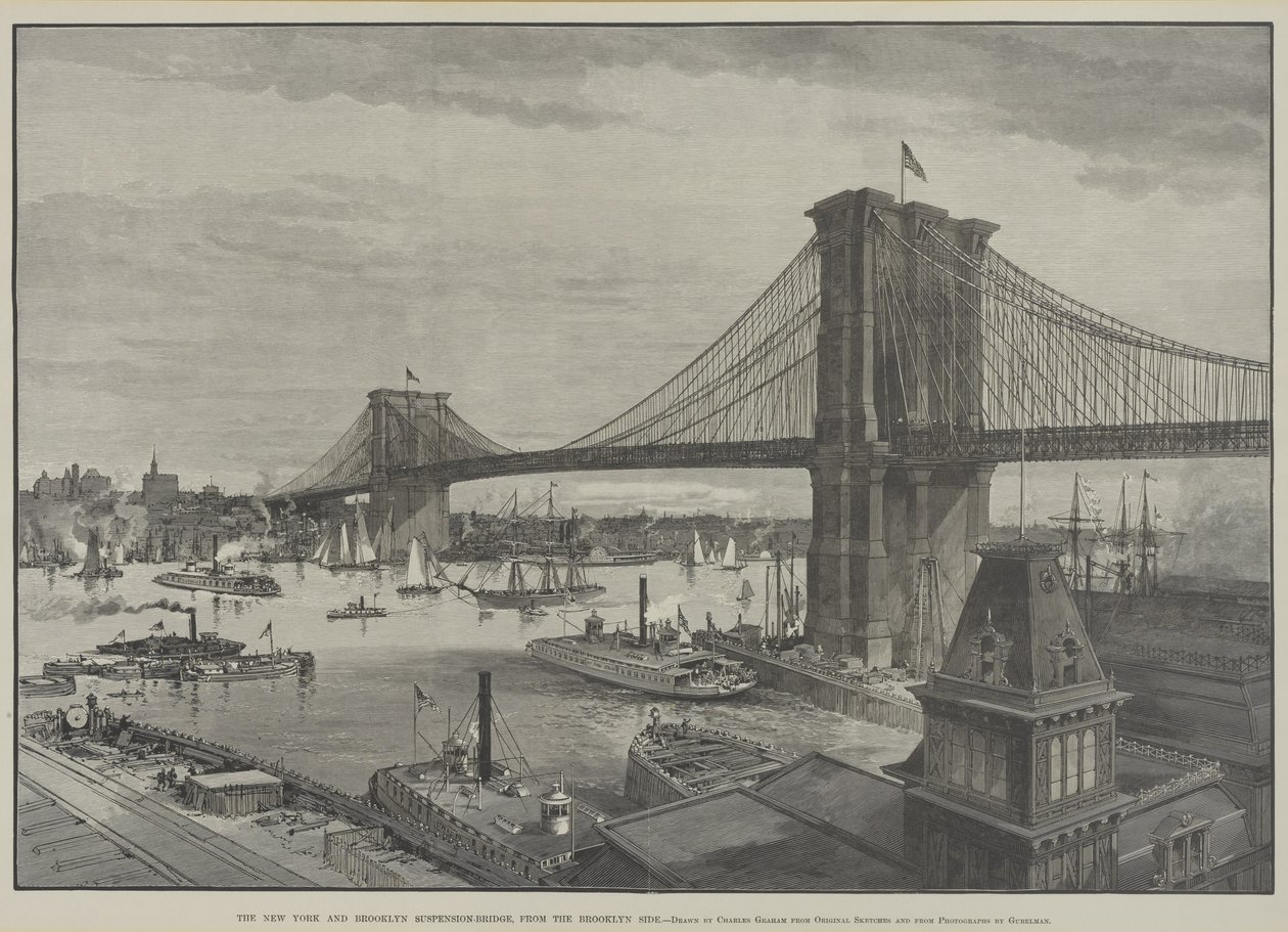 New York och Brooklyn Suspension Bridge från Brooklyn Side, sent 1800-tal av Charles Graham