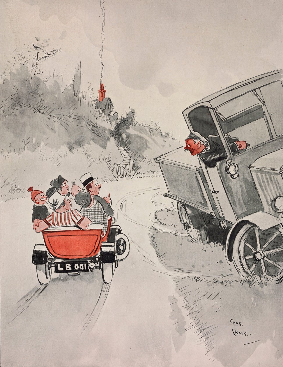 Konserverade sardiner och den sarkastiska lastbilschauffören, tecknad av Chas Grave (1886-1944) från The Tatler, nr 1406, 6 juni av Charles Grave