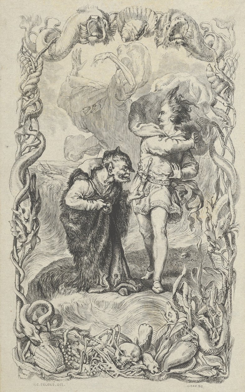 Illustration till stormen: Caliban, Ferdinand och Ariel, 1836. av Charles Gray