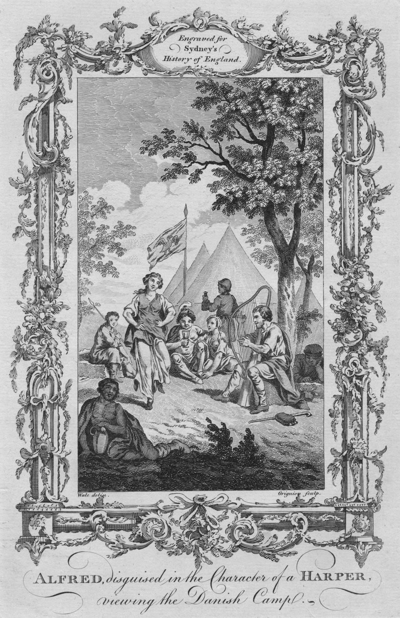 Alfred, förklädd i Karaktären av en Harper, tittar på det danska lägret, 1773. av Charles Grignion