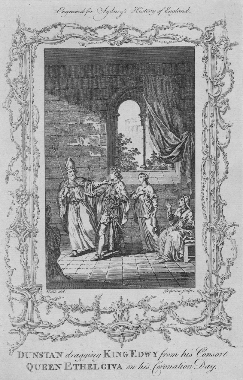 Dunstan släpar kung Edwy från sin gemål drottning Ethelgiva på sin kröningsdag 1773. av Charles Grignion