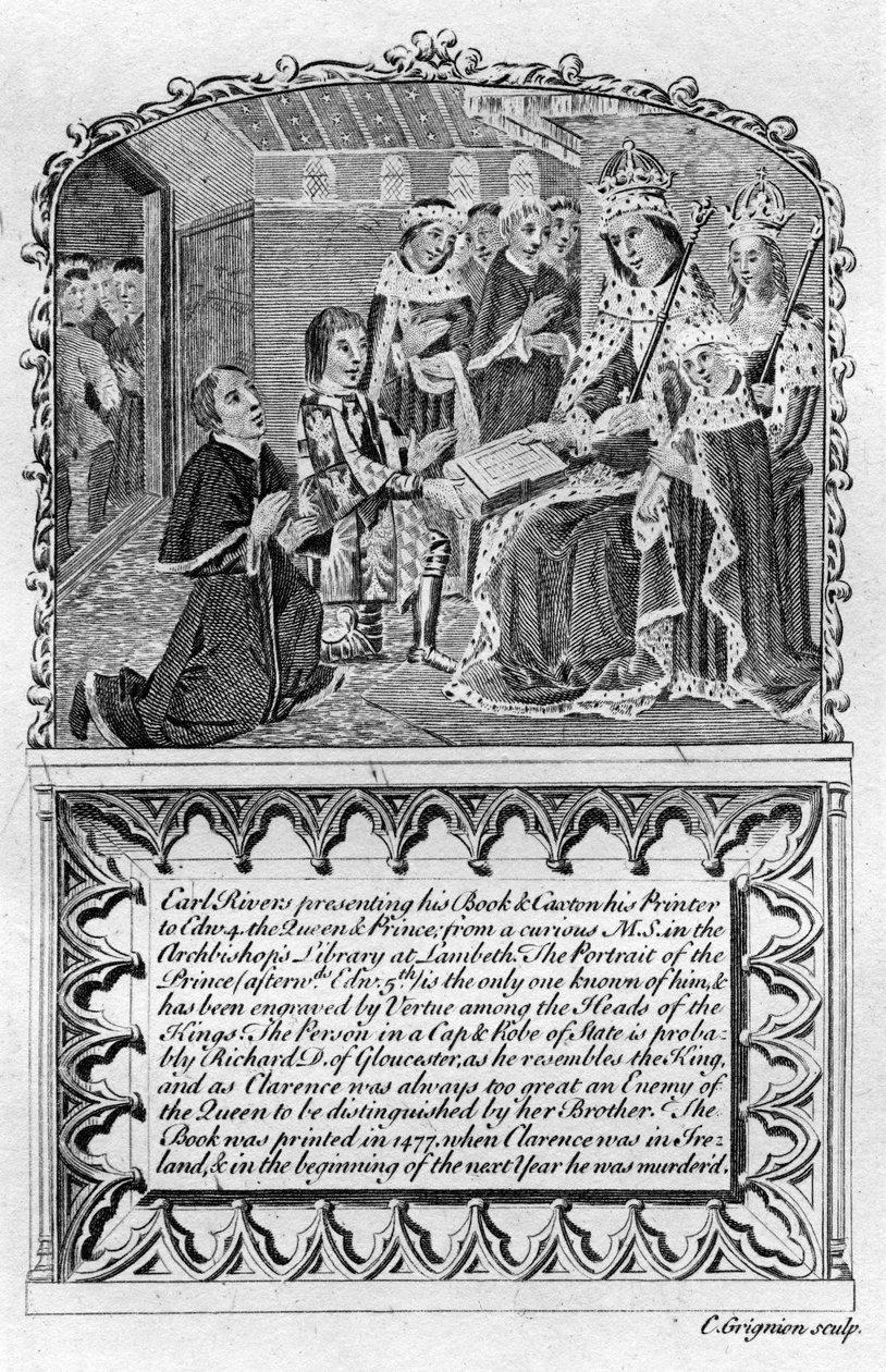 Earl Rivers presenterar sin bok för kung Edward IV, c1477 sent 1700-tal eller tidigt 1800-tal av Charles Grignion