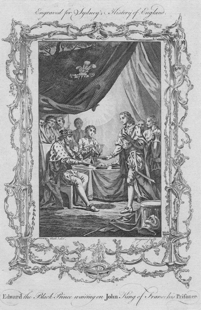 Edward den svarte prinsen väntar på John King of France, hans fånge, 1773. av Charles Grignion