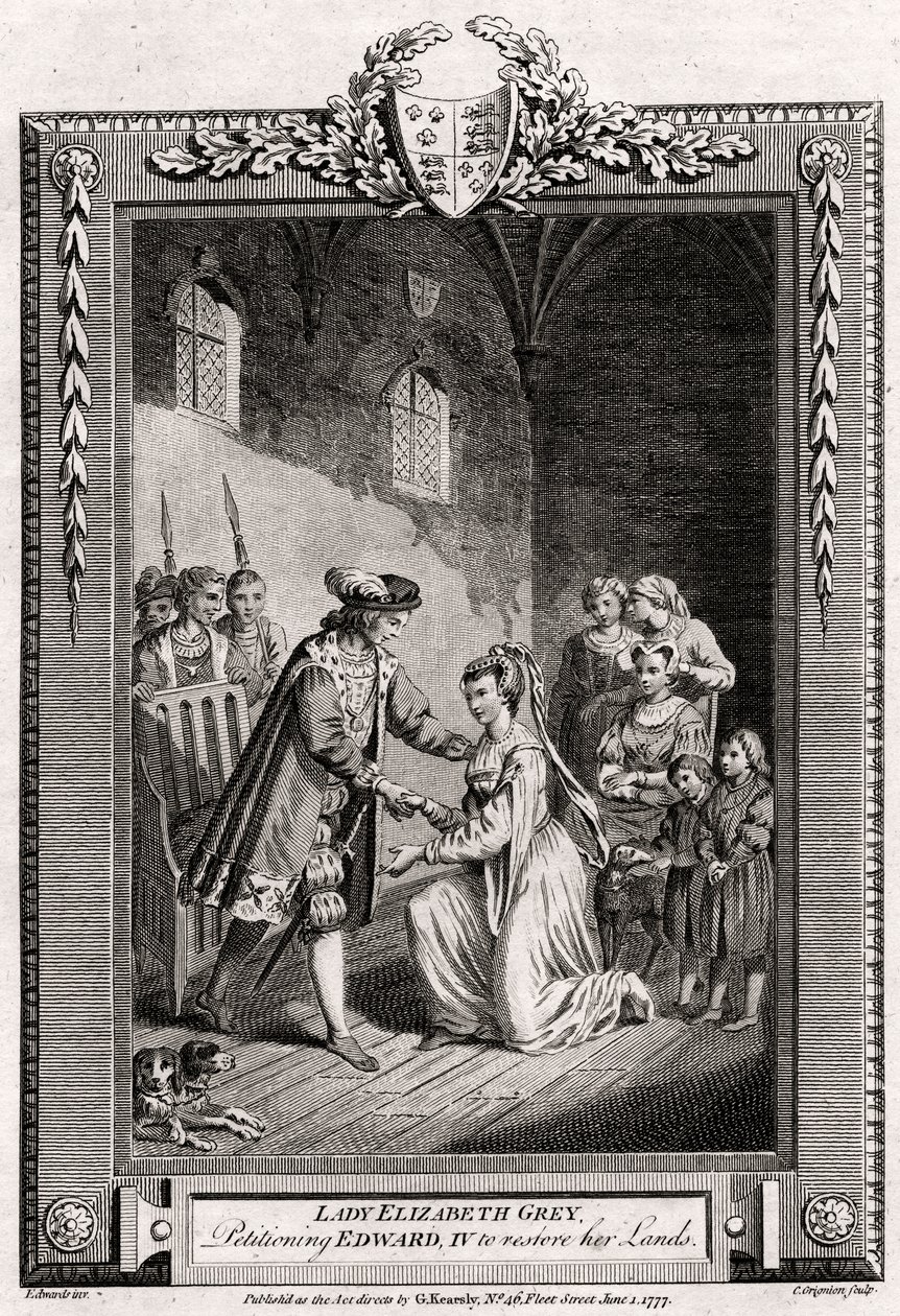 Lady Elizabeth Grey, vädjande till Edward IV om att återställa hennes landområden, 1400-talet, 1777 av Charles Grignion