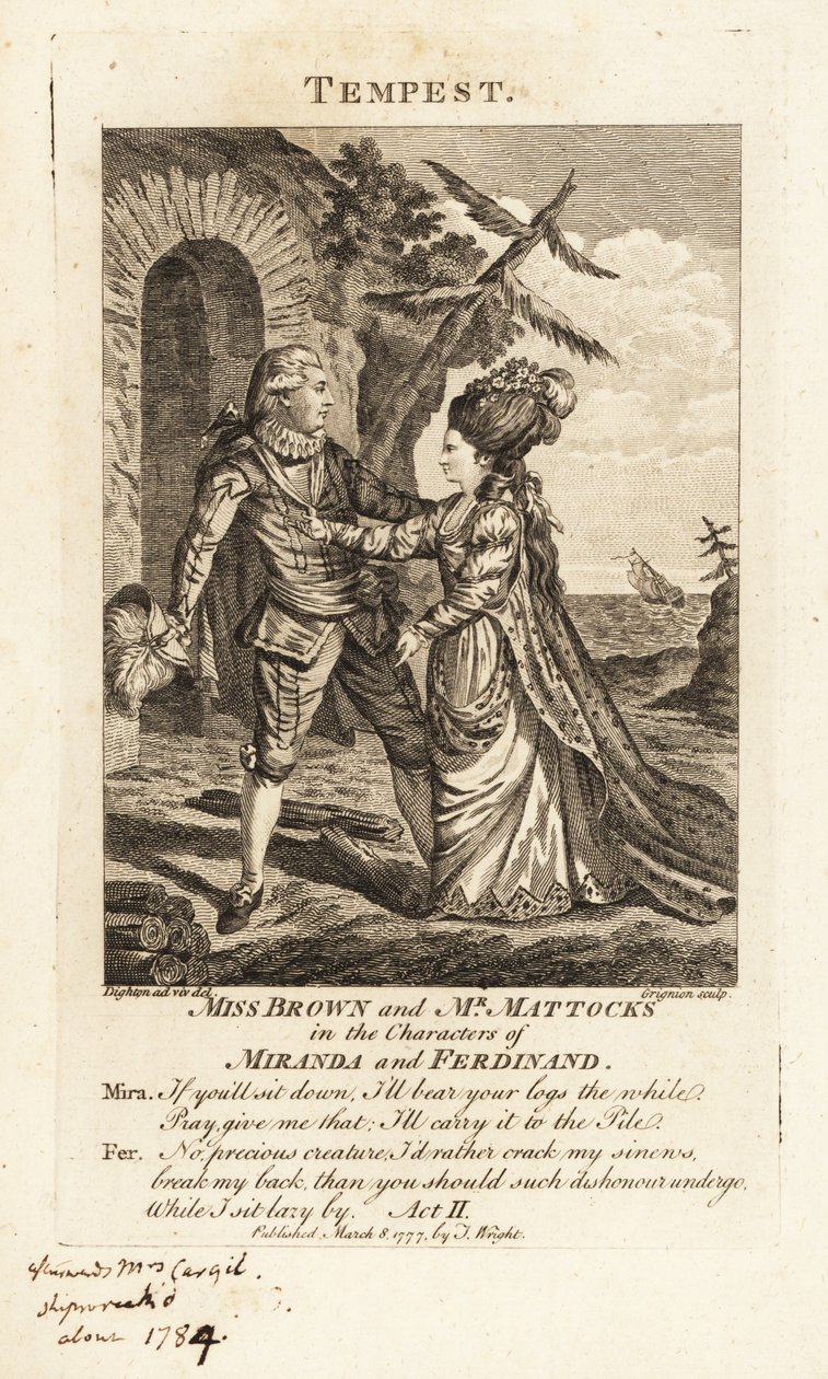 Miss Ann Brown och Mr George Mattocks i karaktärerna Miranda och Ferdinand i en operaversion av William Shakespeares The Tempest, Covent Garden Theatre av Charles Grignion