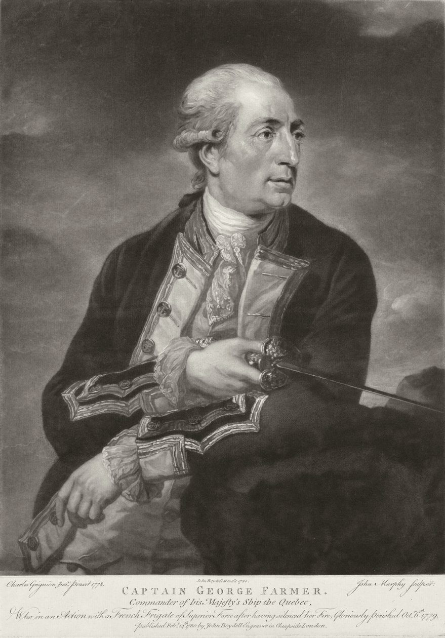Porträtt av George Farmer (1732-79), kapten på HMS "Quebec", graverat av John Murphy, publicerat av John Boydell (1719-1804) 1780 av Charles Grignion