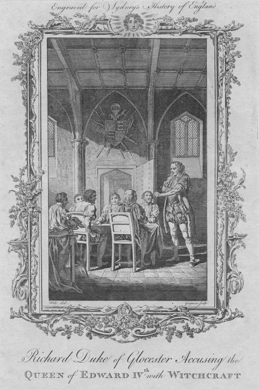 Richard hertig av Gloucester anklagar drottningen av Edward IV för häxkonst, 1773. av Charles Grignion