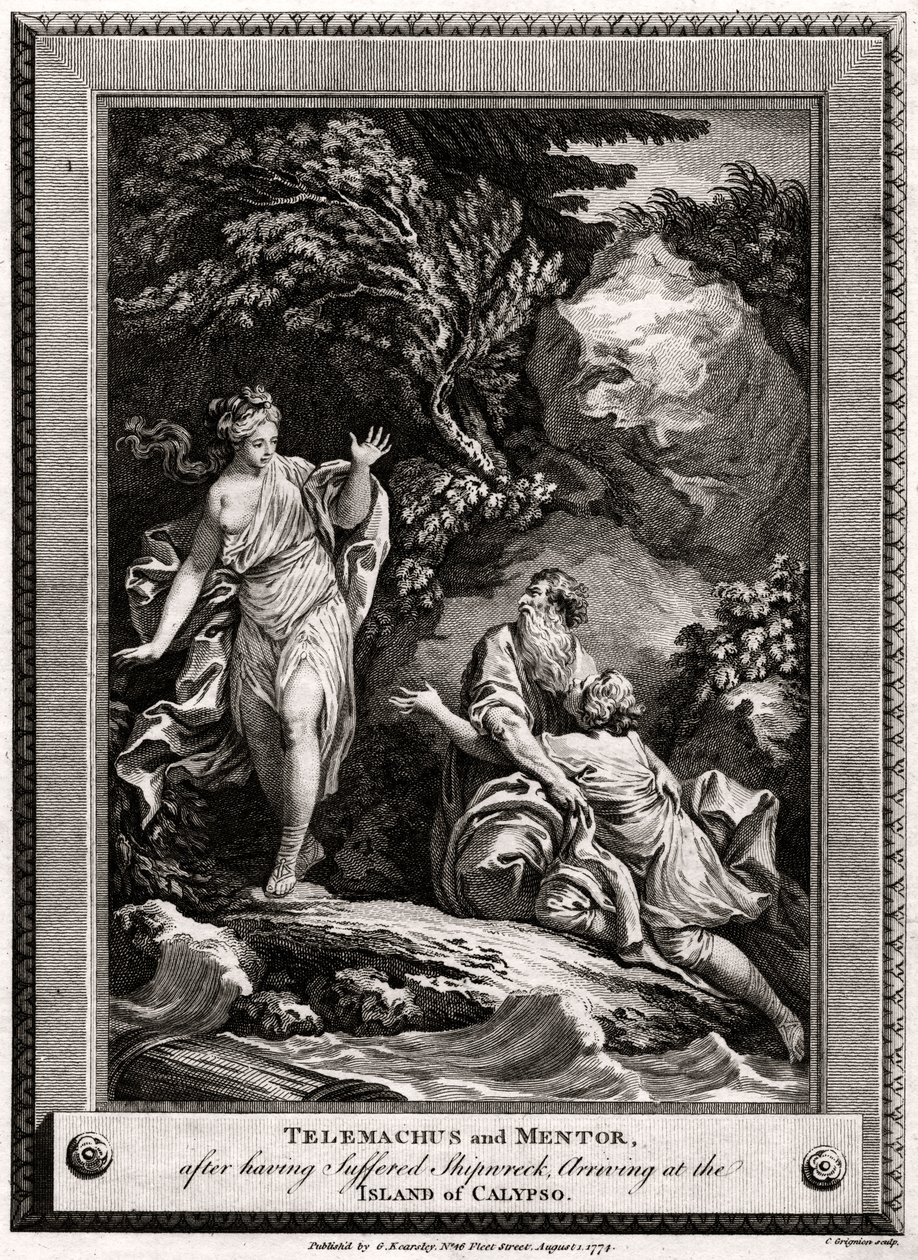 Telemachus och Mentor, efter att ha lidit skeppsbrott, anländer till ön Calypso, 1774 av Charles Grignion