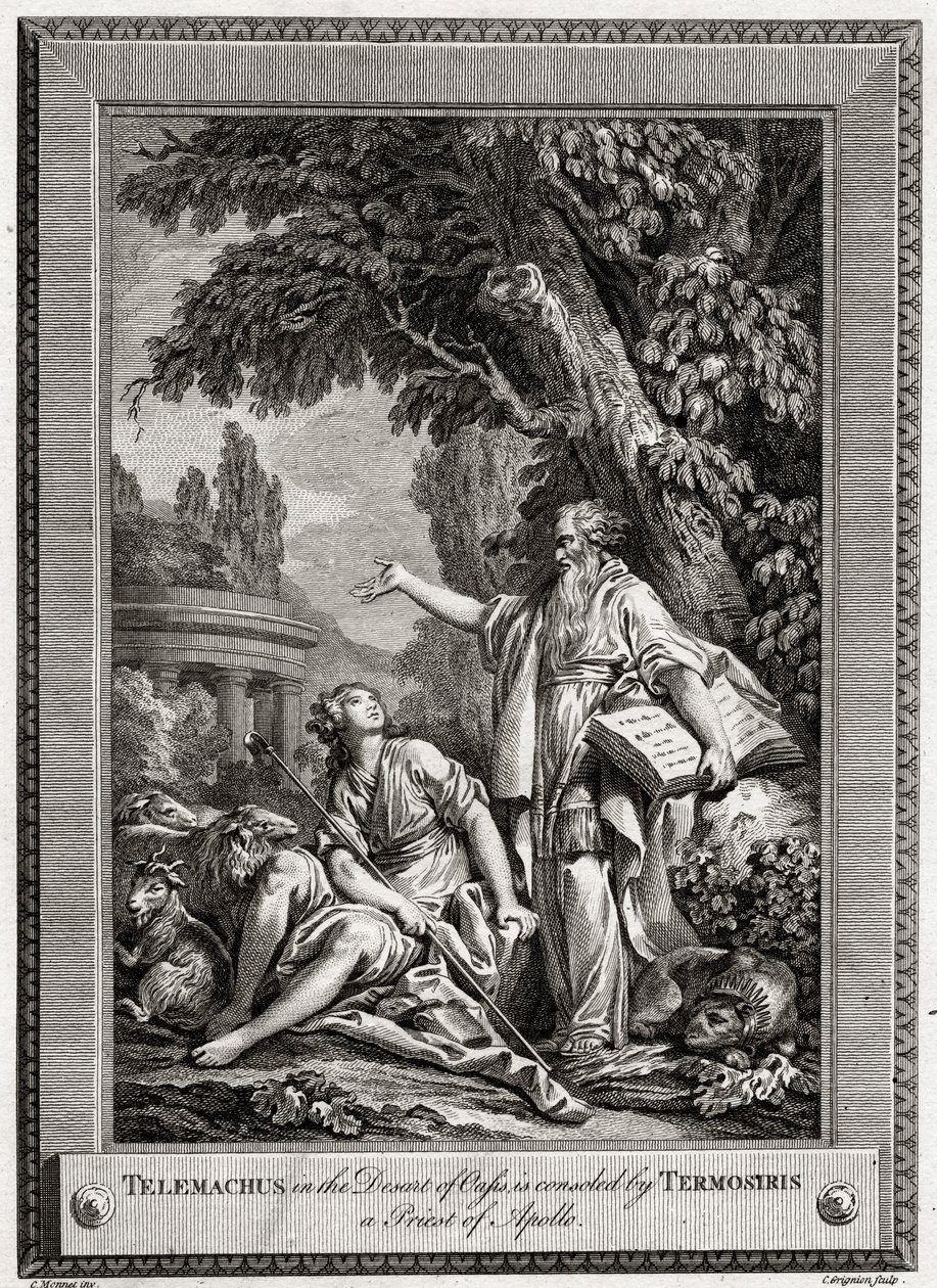 Telemachus, i Oasis öken, tröstas av Termosiris, en präst från Apollo, 1774. av Charles Grignion