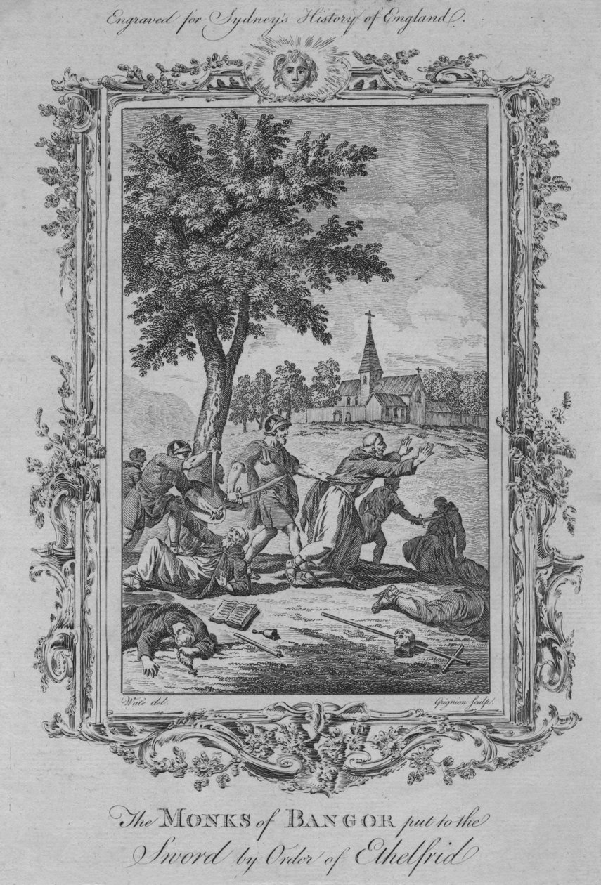 Munkarna av Bangor sattes till svärdet på order av Ethelfrid, 1773. av Charles Grignion