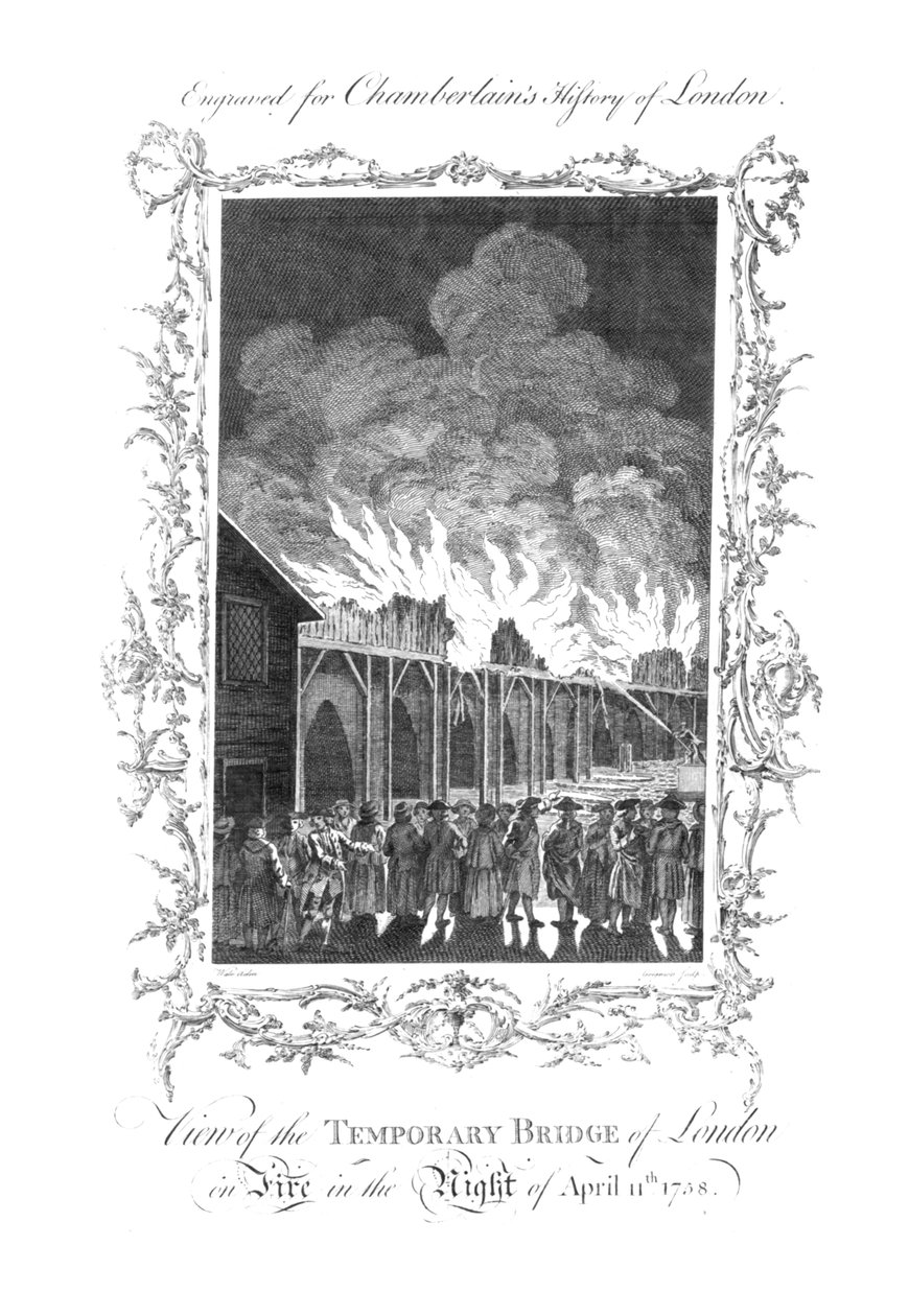 Utsikt över den tillfälliga bron i London i brand...1758., c1770 av Charles Grignion