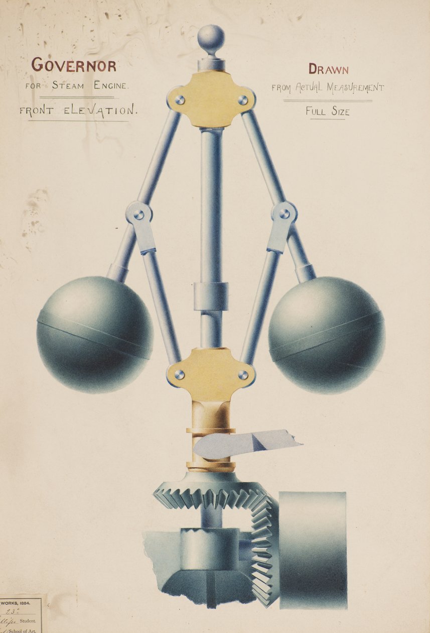 Guvernör för Steam Engine - Front Elevation, ca 1882 (akvarell) av Charles Gustav Louis Phillips