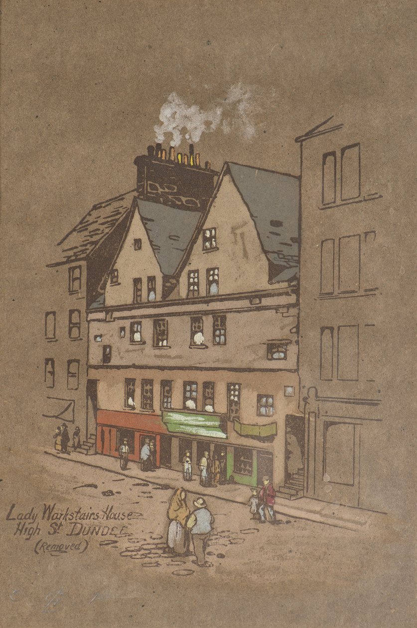 Lady Warkstairs hus, High Street, Dundee (handfärgat tryck) av Charles Gustav Louis Phillips