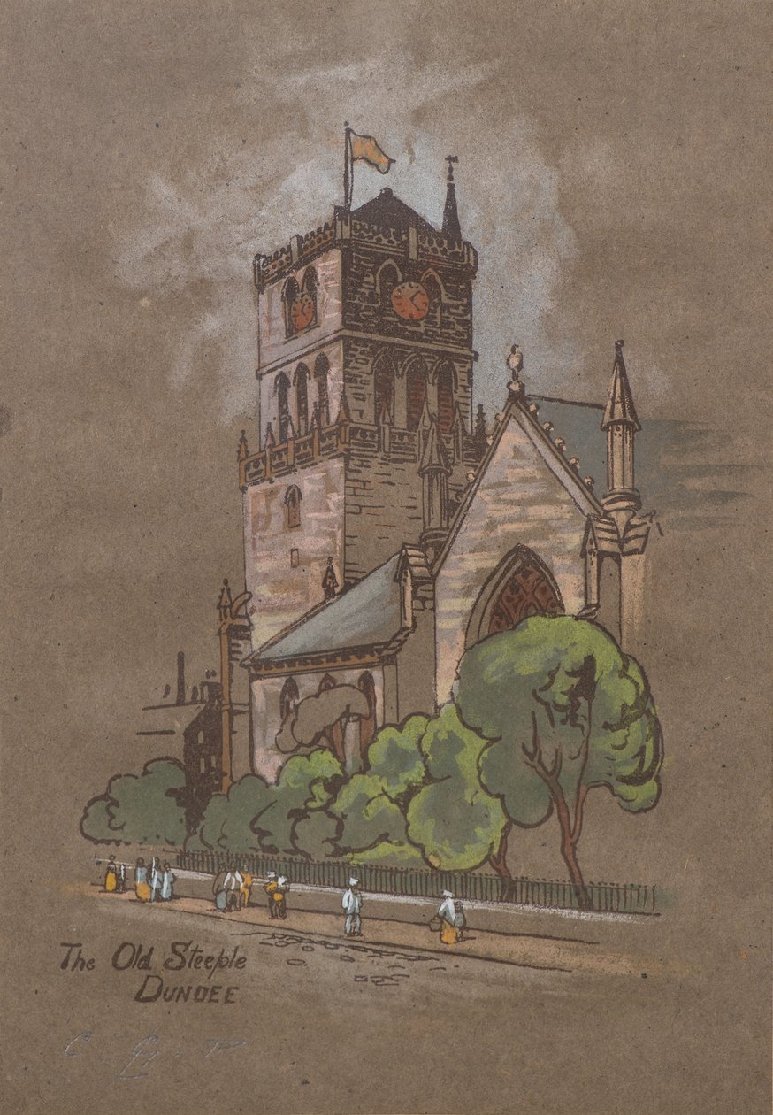 The Old Steeple, Dundee (handfärgat tryck) av Charles Gustav Louis Phillips