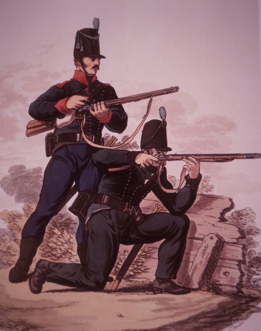 Brittiska arméns gevärsskyttar från tidigt 1800-tal: Soldier of the 60th Royal American Foot stående och soldat från 95th Rifle Regiment på knä (färg litho) av Charles Hamilton (after) Smith
