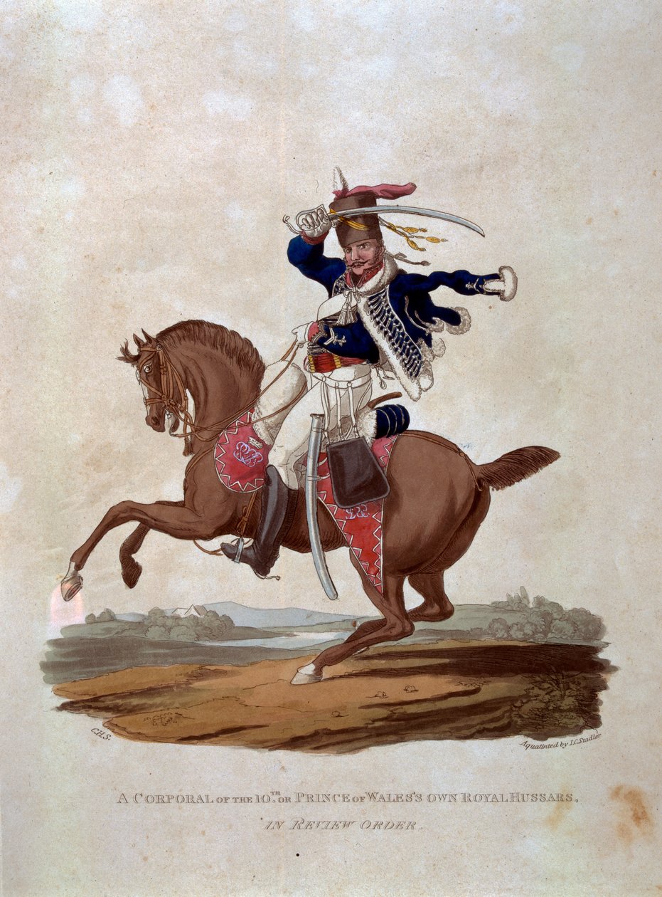 En korpral från 10:e eller Prince of Wales Own Royal Hussars i Review Order, från "Costumes of the Army of the British Empire, according to the last regulations 1812", graverad av J.C. Stadler, pub. av Charles Hamilton Smith