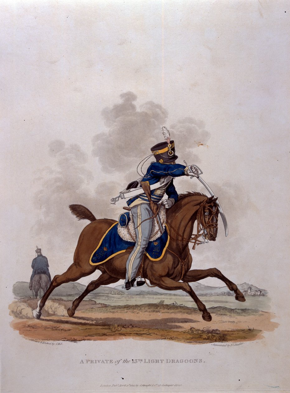 En soldat i 13th Light Dragoons, från "Costumes of the Army of the British Empire, according to the last regulations 1812", graverad av J.C. Stadler, utgiven av Colnaghi und Co. 1812-15 (färgad). av Charles Hamilton Smith