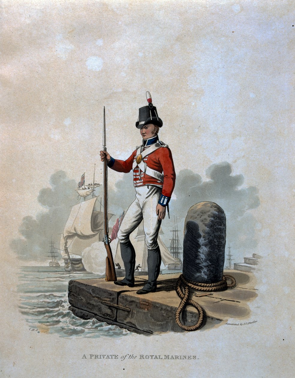 En soldat i Royal Marines, från "Costumes of the Army of the British Empire, according to the last regulations 1812", graverad av J.C. Stadler, utgiven av Colnaghi und Co. 1812-15 (färgat akvat. av Charles Hamilton Smith