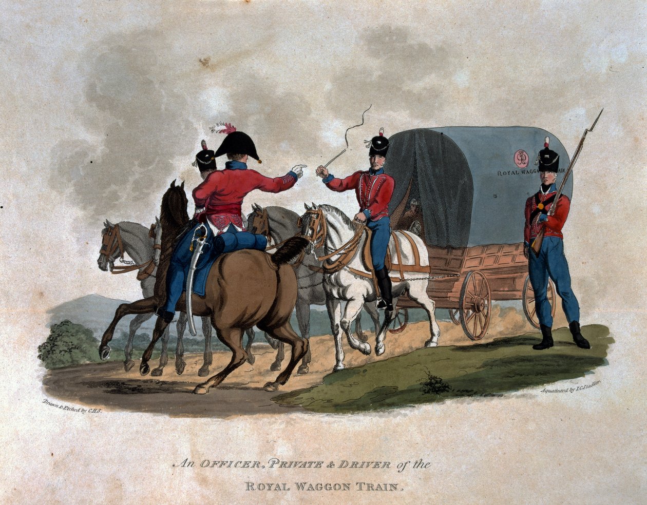 En officer, menig och förare av Royal Waggon Train, från 