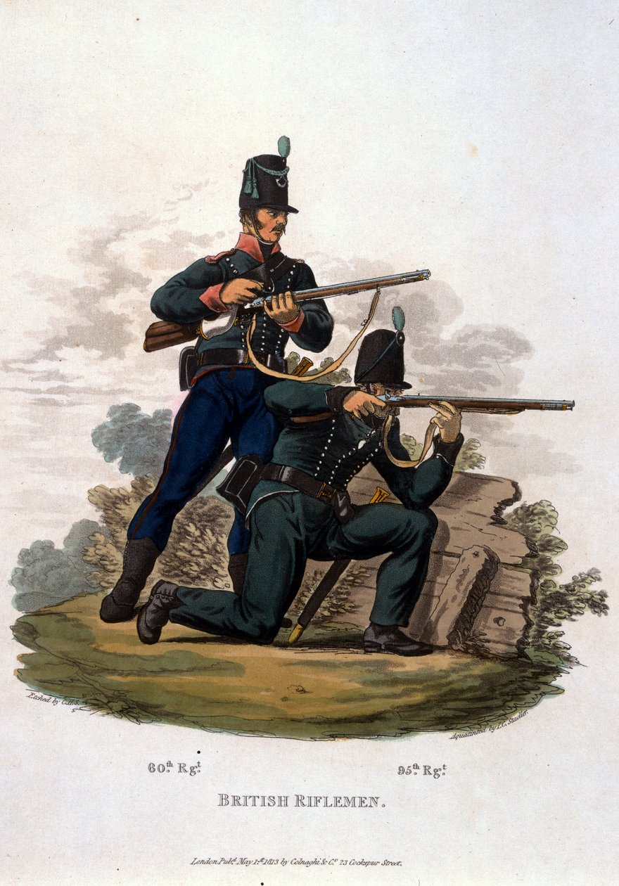 Brittiska skyttar, från "Costumes of the Army of the British Empire, according to the last regulations 1812", graverad av J.C. Stadler, utgiven av Colnaghi und Co. 1812-15 (färgad akvatint). av Charles Hamilton Smith