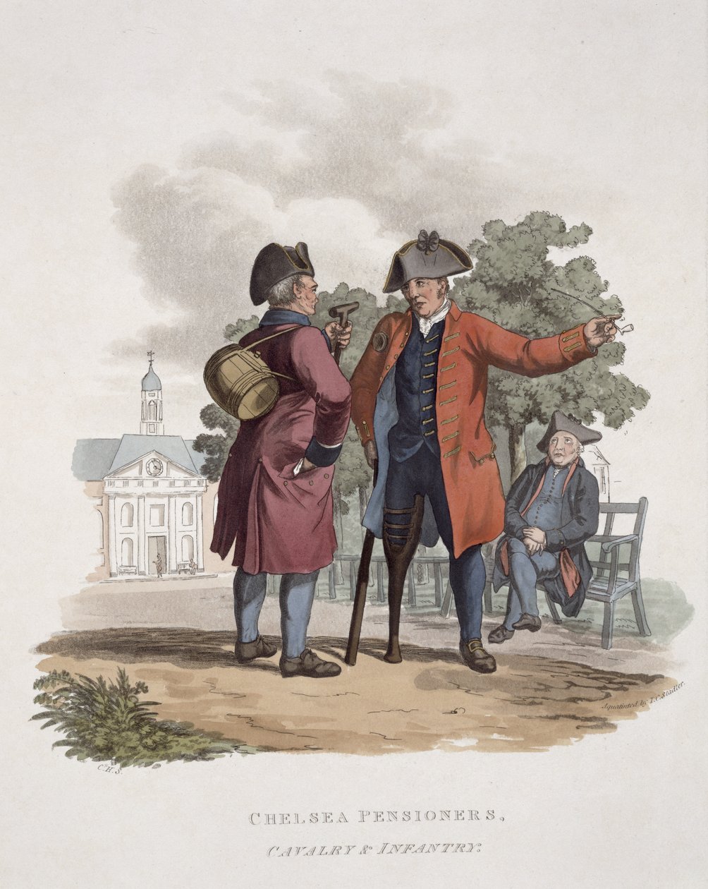 Chelseapensionärer, kavalleri och infanteri, från "Costume of the Army of the British Empire", graverad av Joseph Constantine Stadler (fl.1780-1812), publicerad 1812-15. av Charles Hamilton Smith