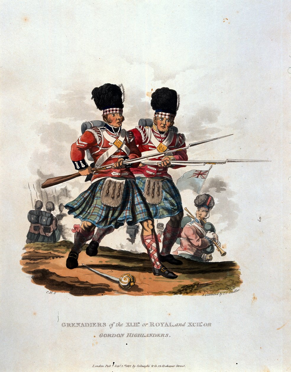 Grenadjärer från 42nd (eller Royal) och 141st eller Gordon Highlanders, från "Costumes of the Army of the British Empire, according to the last regulations 1812", graverad av J.C. Stadler, utgiven av Co. av Charles Hamilton Smith