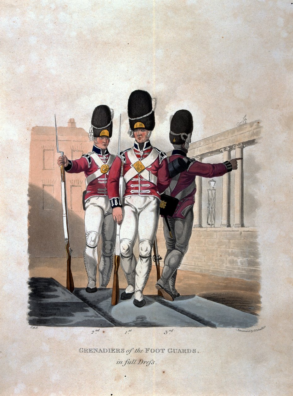 Grenadjärer från fotgardet i full klädsel, från "Costumes of the Army of the British Empire, according to the last regulations 1812", graverad av J.C. Stadler, utgiven av Colnaghi und Co. 1812-15 (c av Charles Hamilton Smith